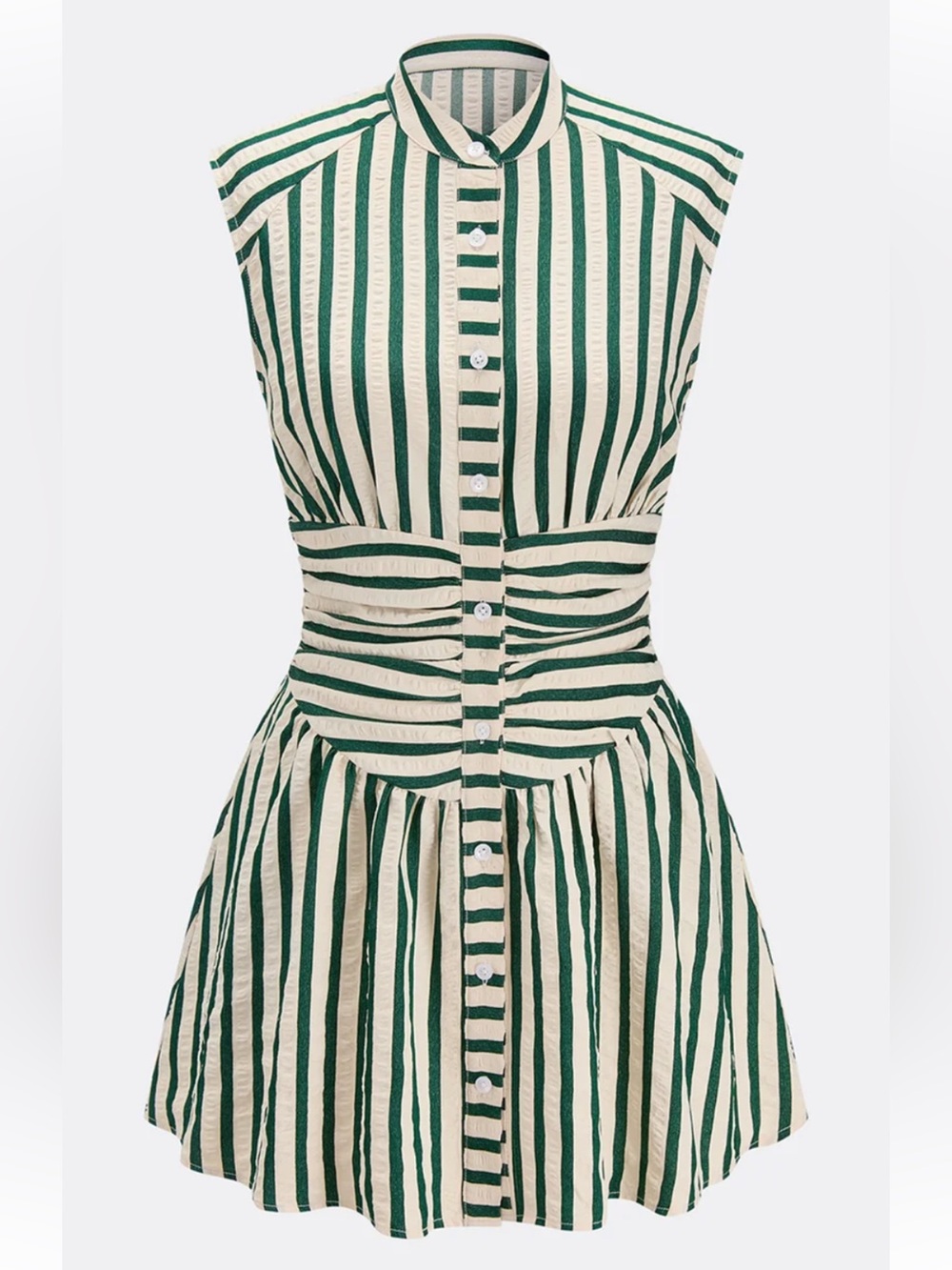 Commense Striped Sleeveless Stand Collar Mini Dress